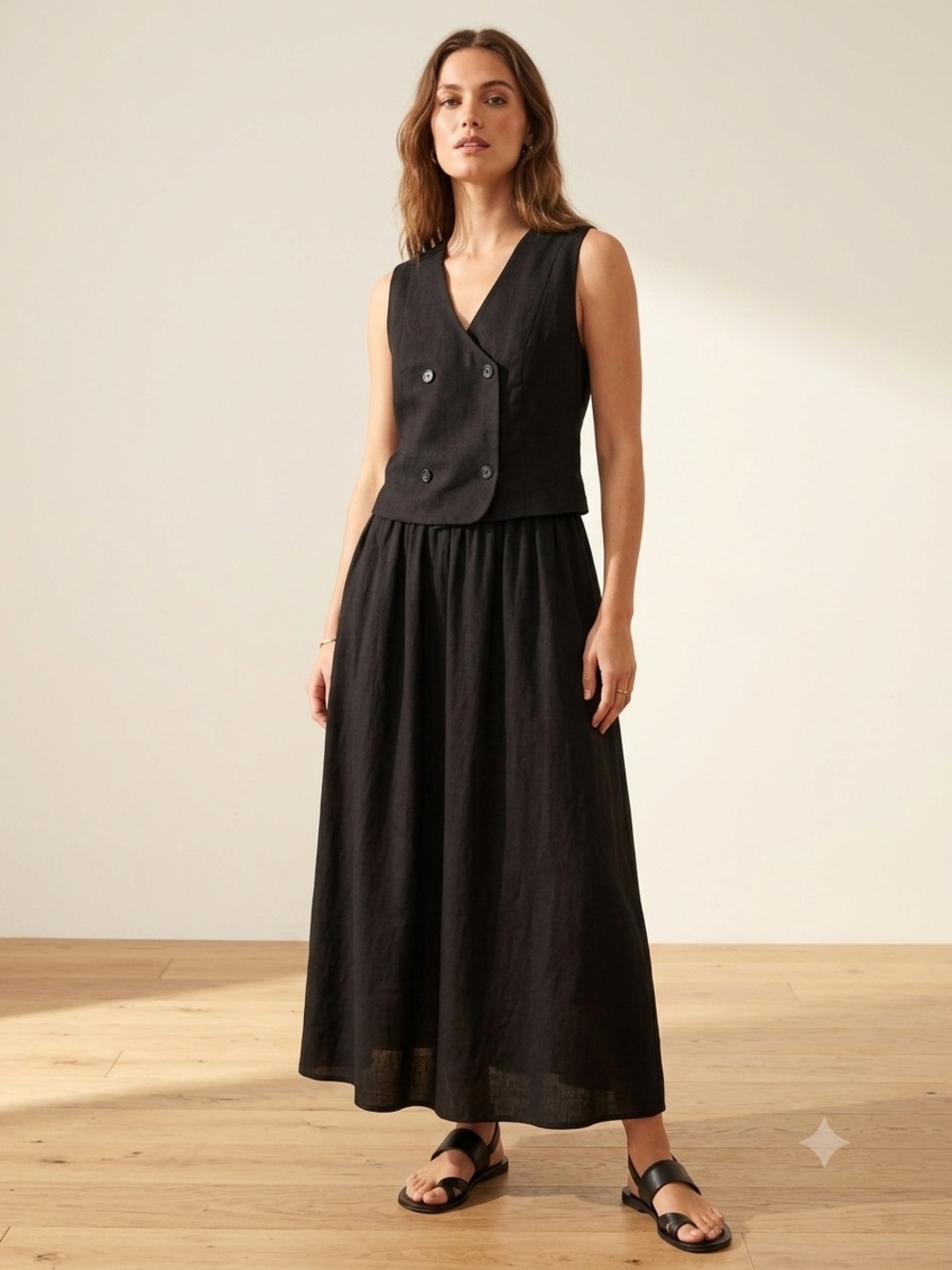 Tahari NWOT Linen Blend Black Double Breasted Vest Maxi Dress V-Neck Sz M